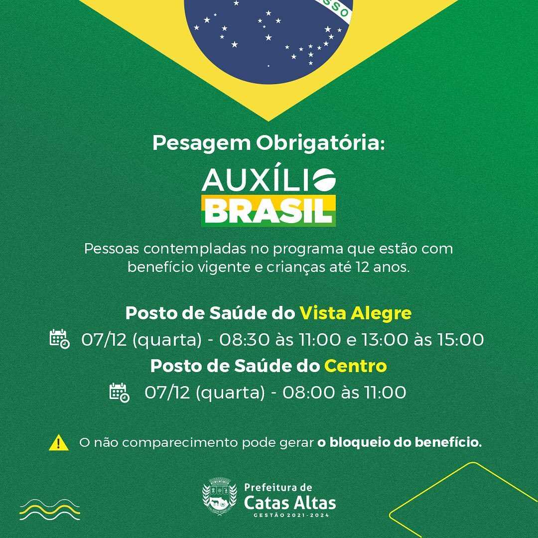 Prefeitura Municipal De Catas Altas AuxÍlio Brasil Pesagem É ObrigatÓria Para ManutenÇÃo Do 5775